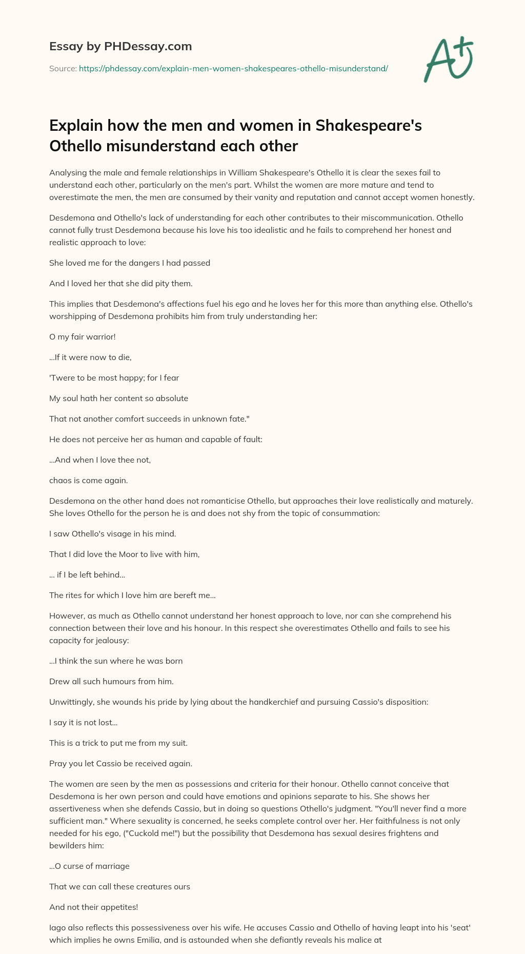Explain how the men and women in Shakespeare’s Othello misunderstand each other essay