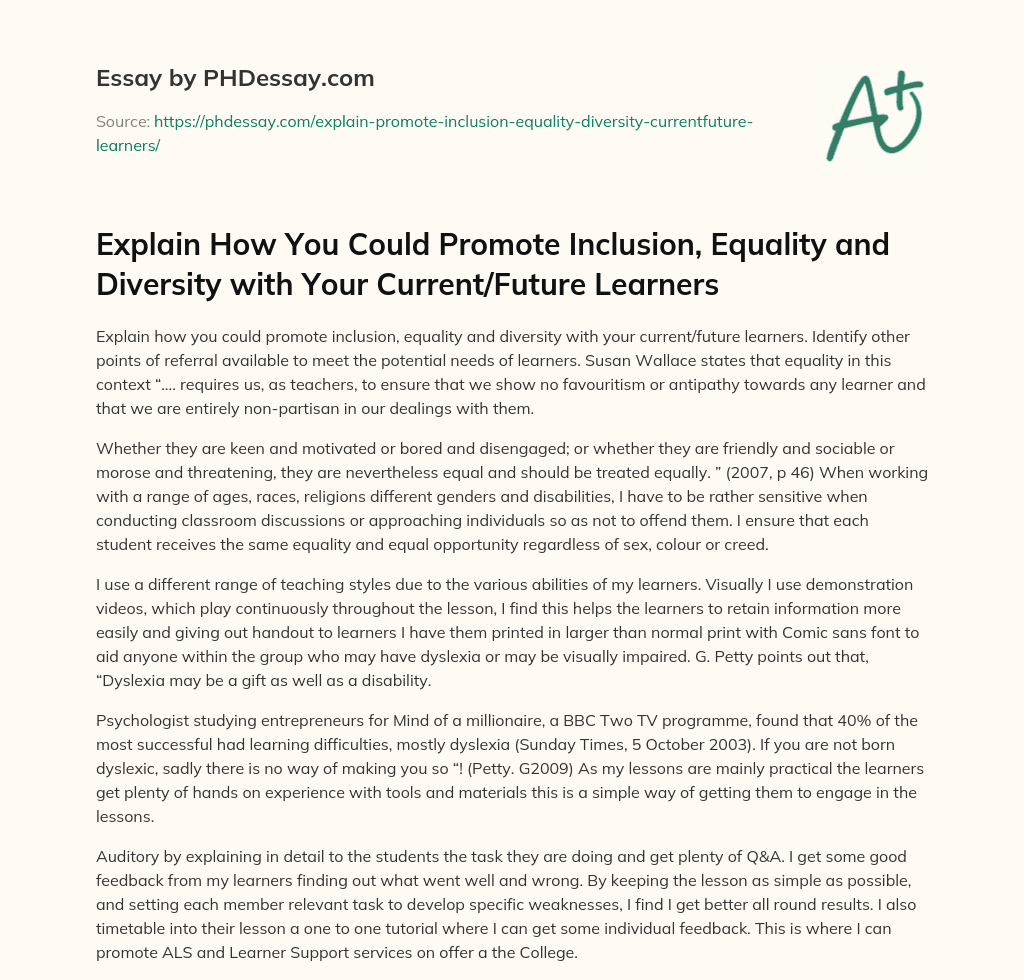 Promoting Inclusion, Equality, and Diversity in Teaching; Addressing Learners’ Potential Needs essay