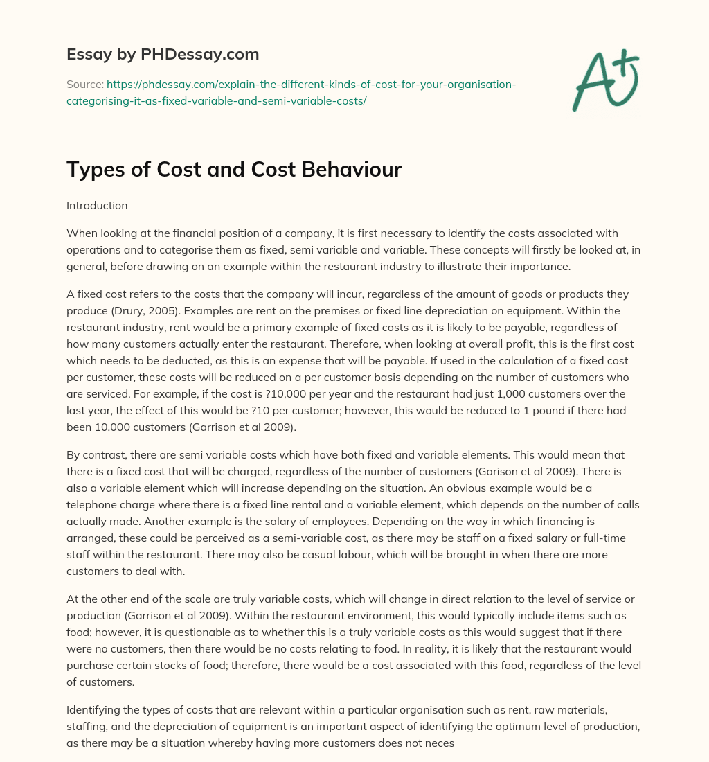 Types of Cost and Cost Behaviour