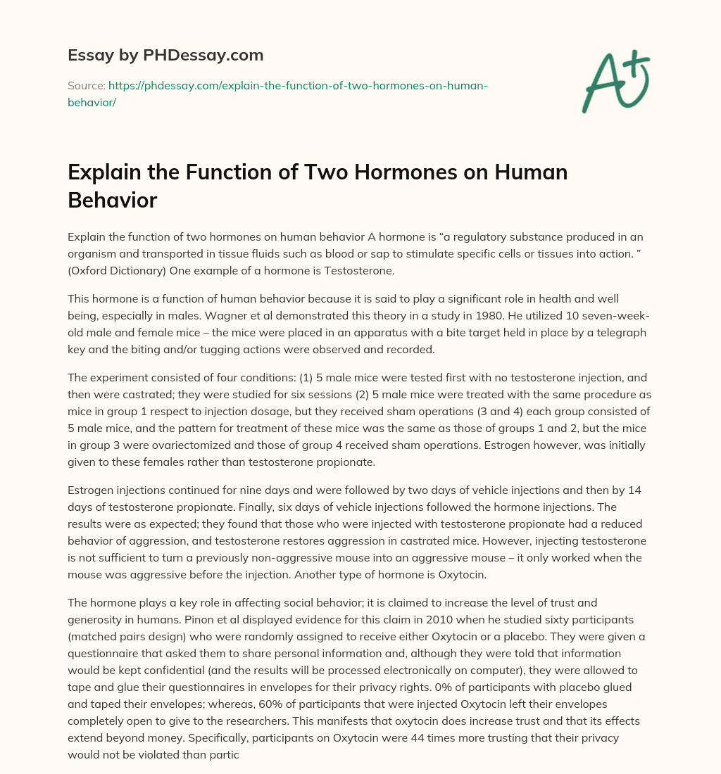 Explain the Function of Two Hormones on Human Behavior essay