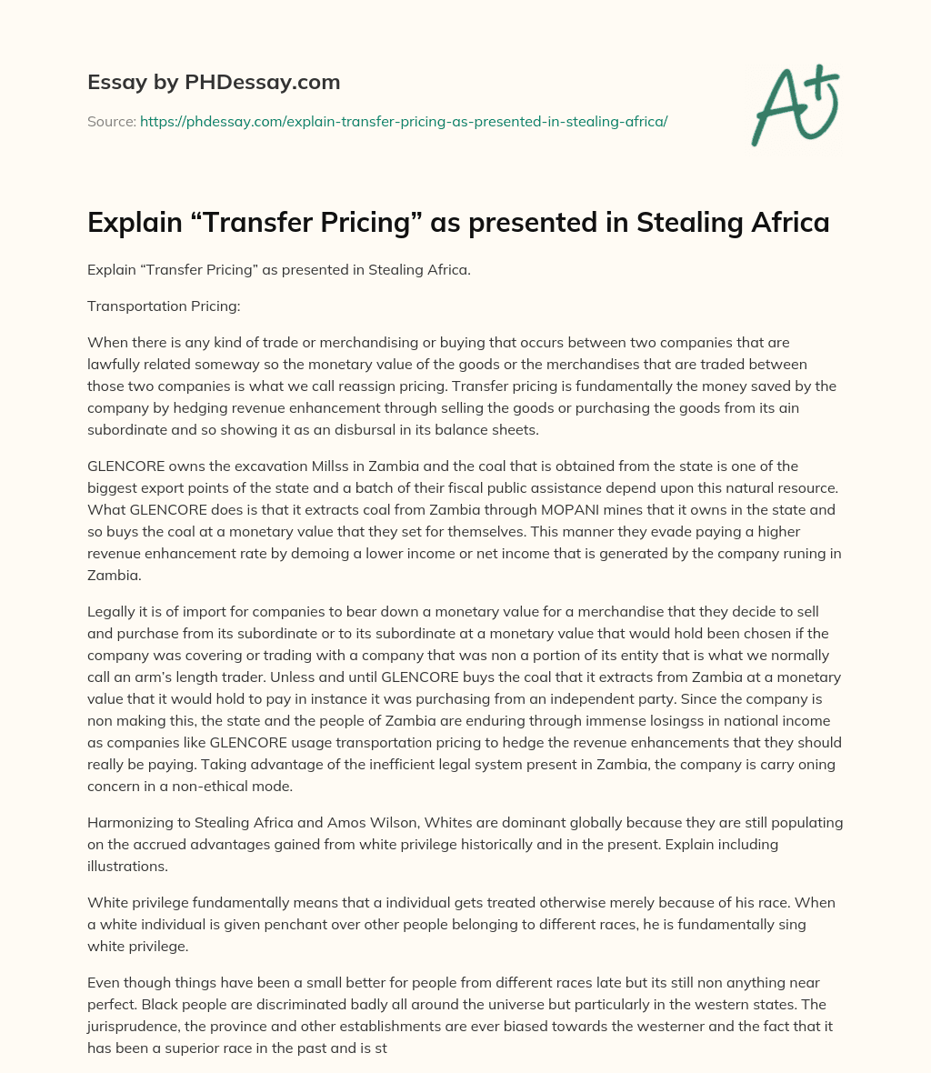 Explain “Transfer Pricing” as presented in Stealing Africa essay