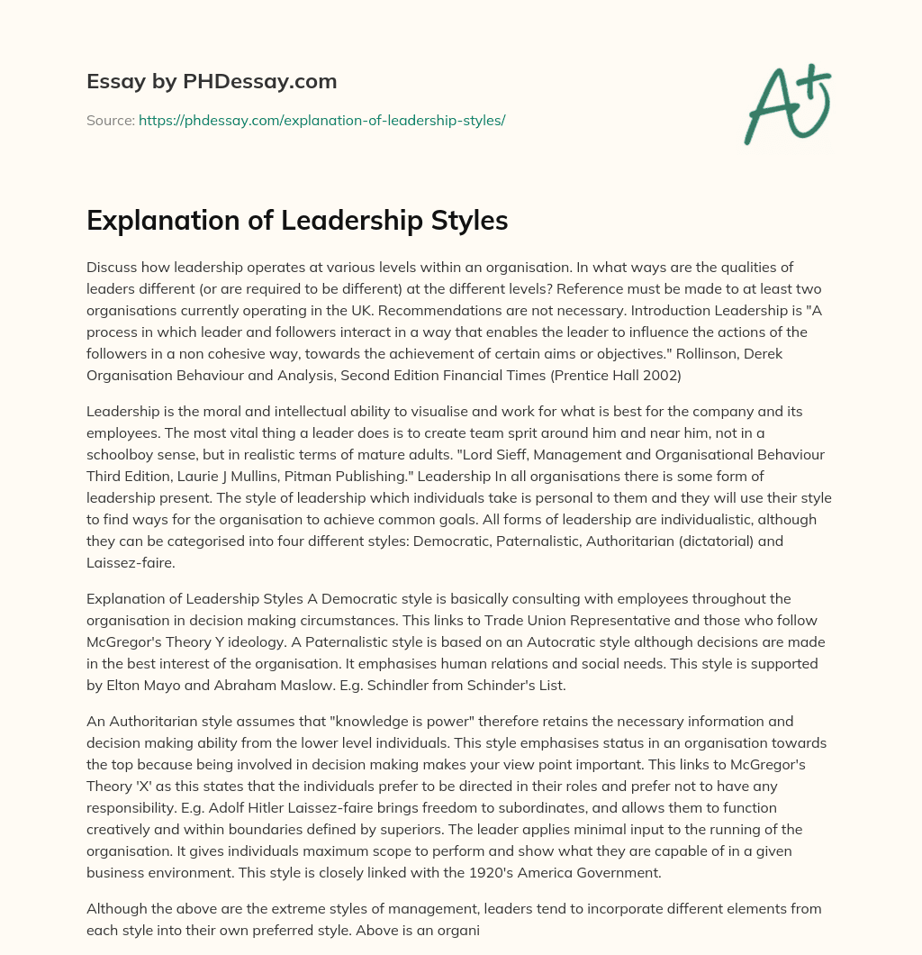 Explanation of Leadership Styles essay