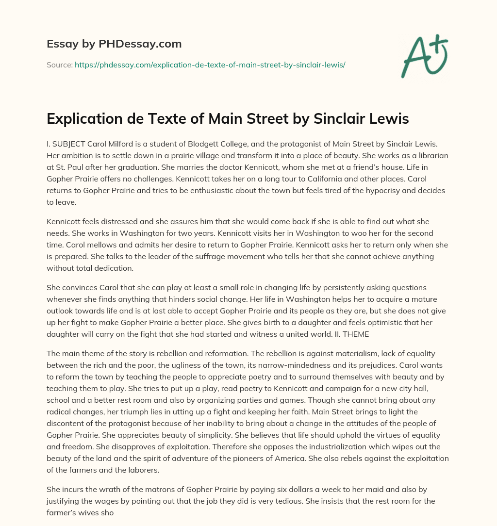 Explication de Texte of Main Street by Sinclair Lewis essay