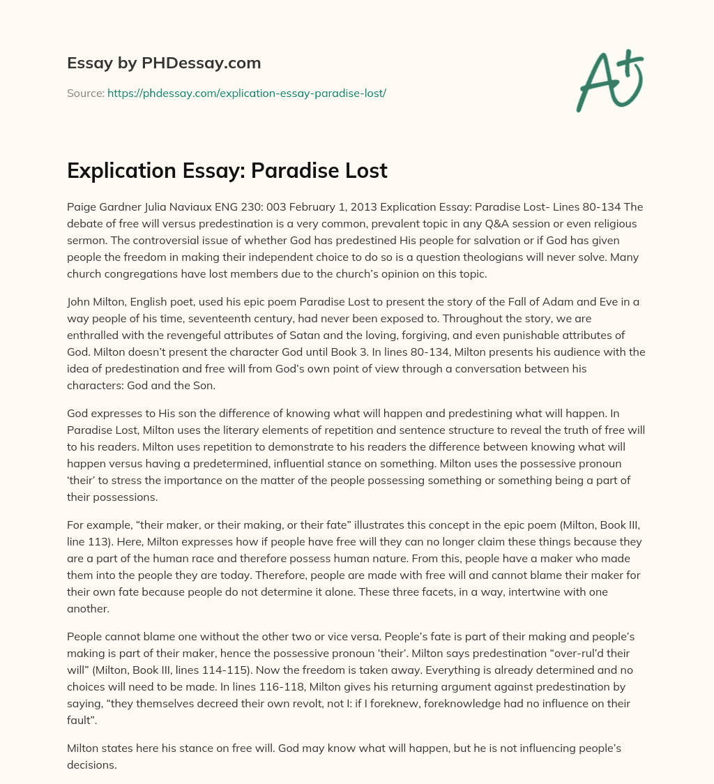 Explication Essay: Paradise Lost essay