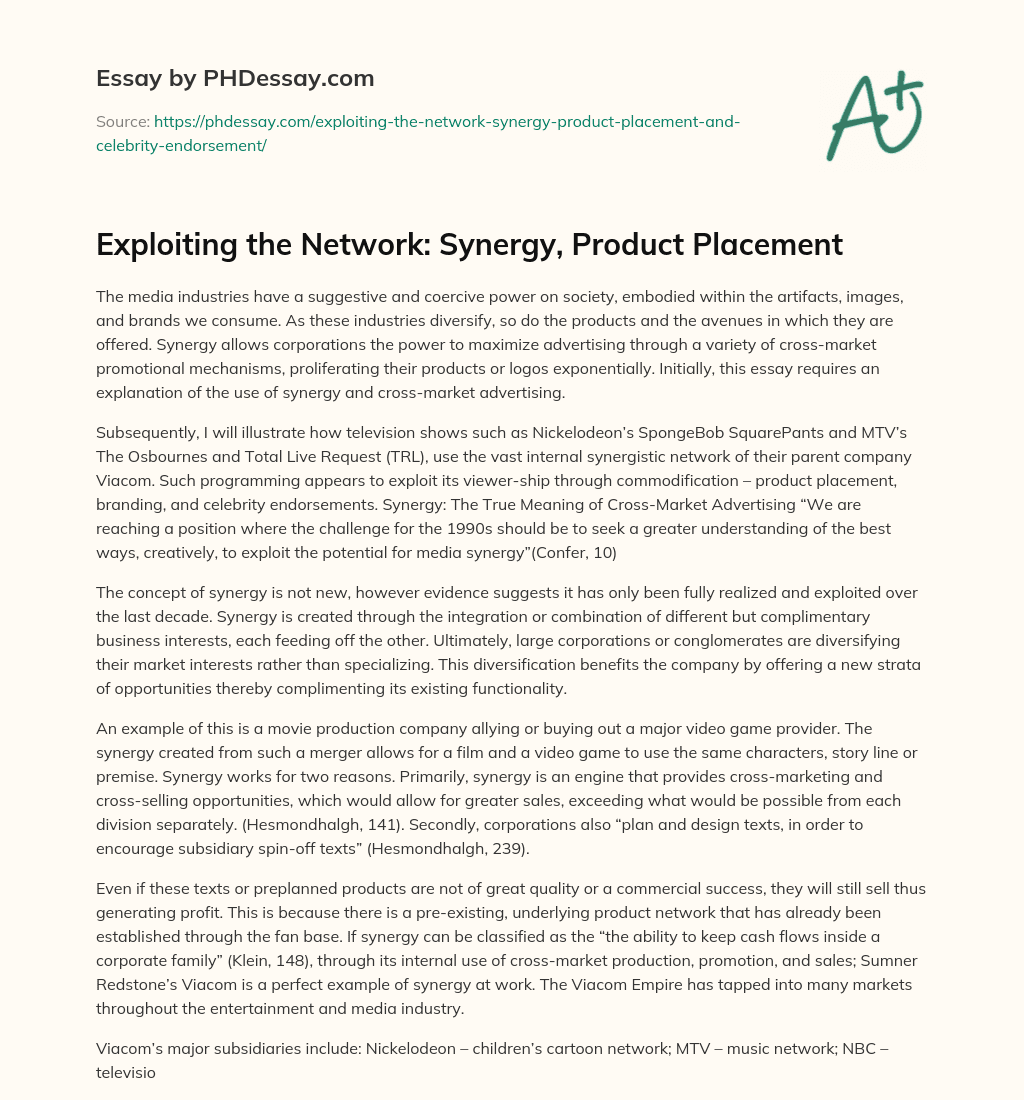 Exploiting the Network: Synergy, Product Placement essay