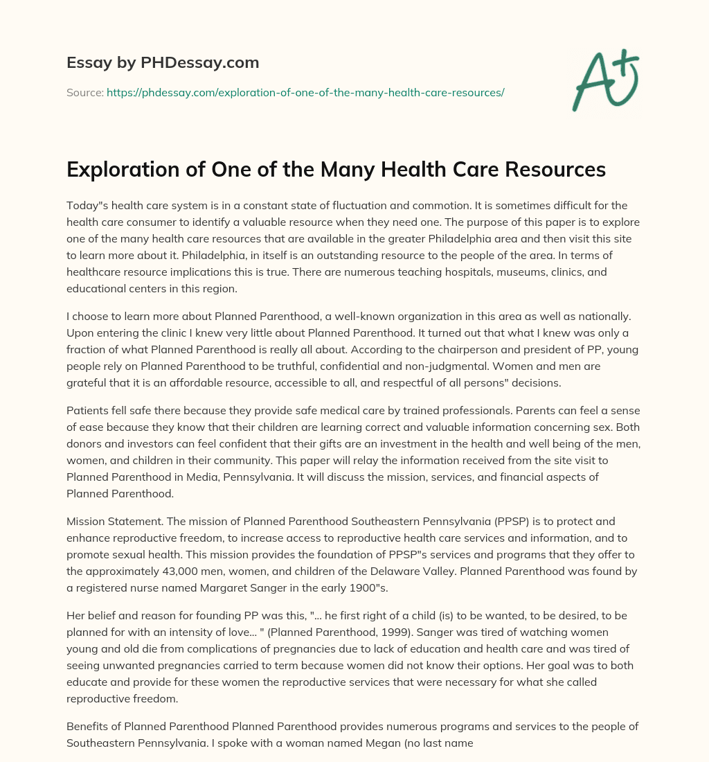 Exploration of One of the Many Health Care Resources essay