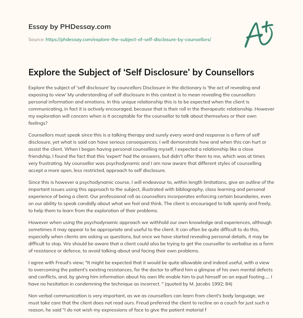 Explore the Subject of ‘Self Disclosure’ by Counsellors essay