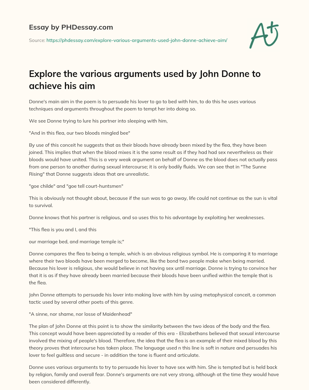 Explore the various arguments used by John Donne to achieve his aim essay