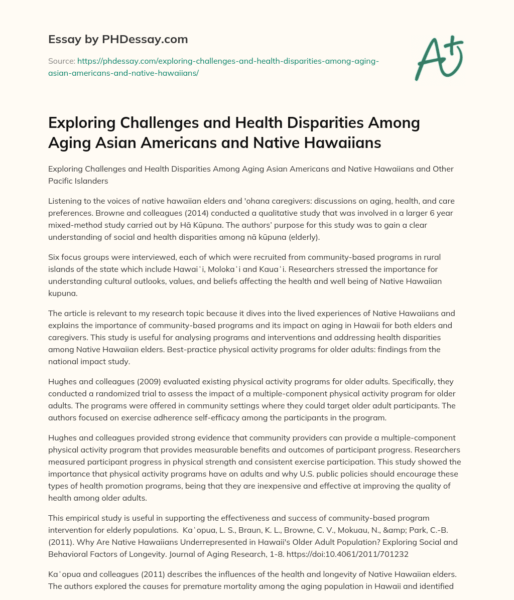 Exploring Challenges and Health Disparities Among Aging Asian Americans and Native Hawaiians essay