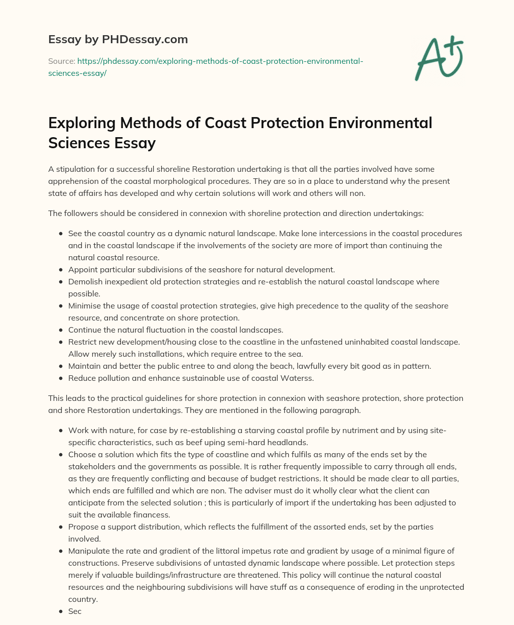 Exploring Methods of Coast Protection Environmental Sciences Essay essay