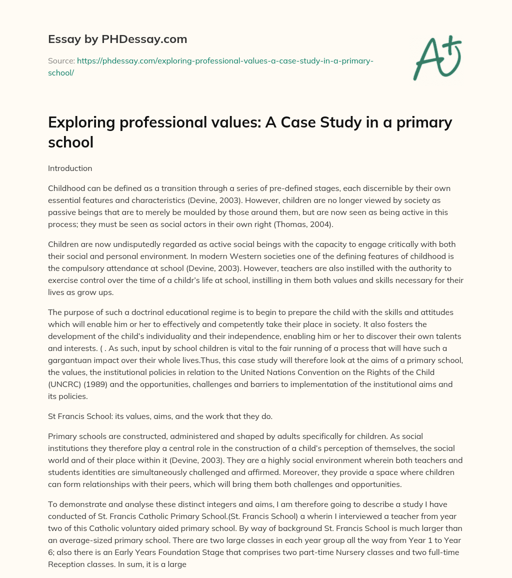 Exploring professional values: A Case Study in a primary school essay