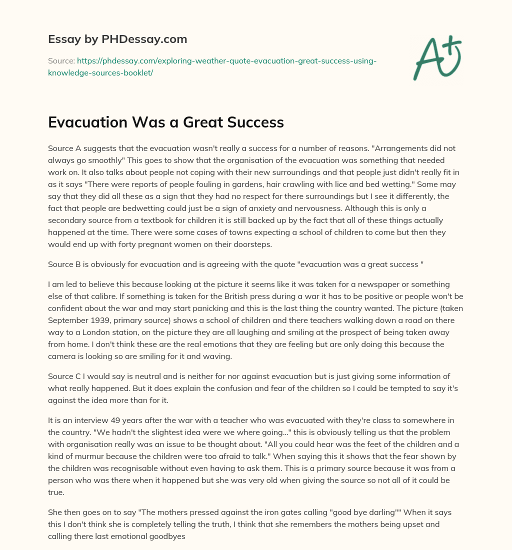 Evacuation Was a Great Success essay