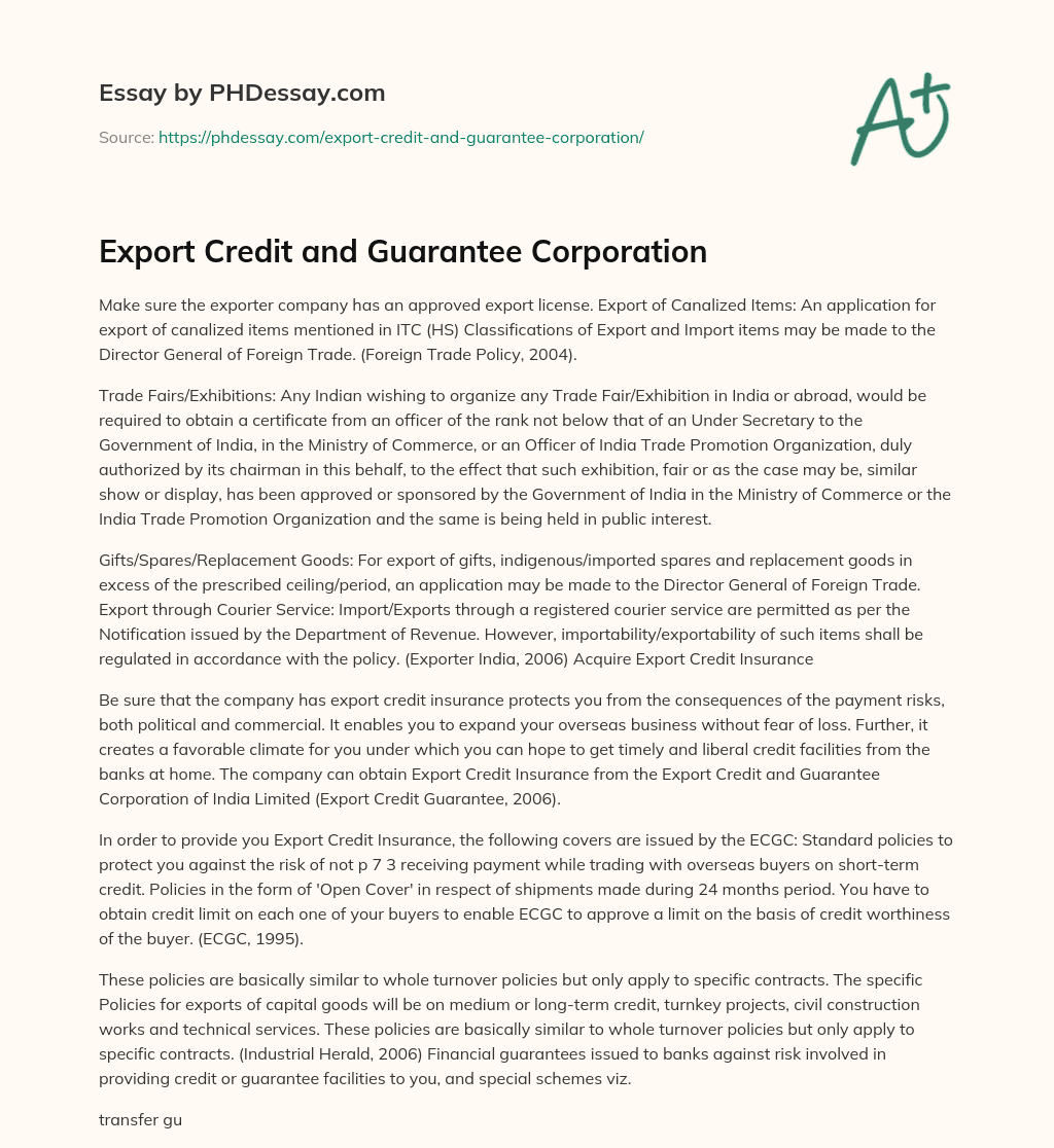 Export Credit and Guarantee Corporation essay