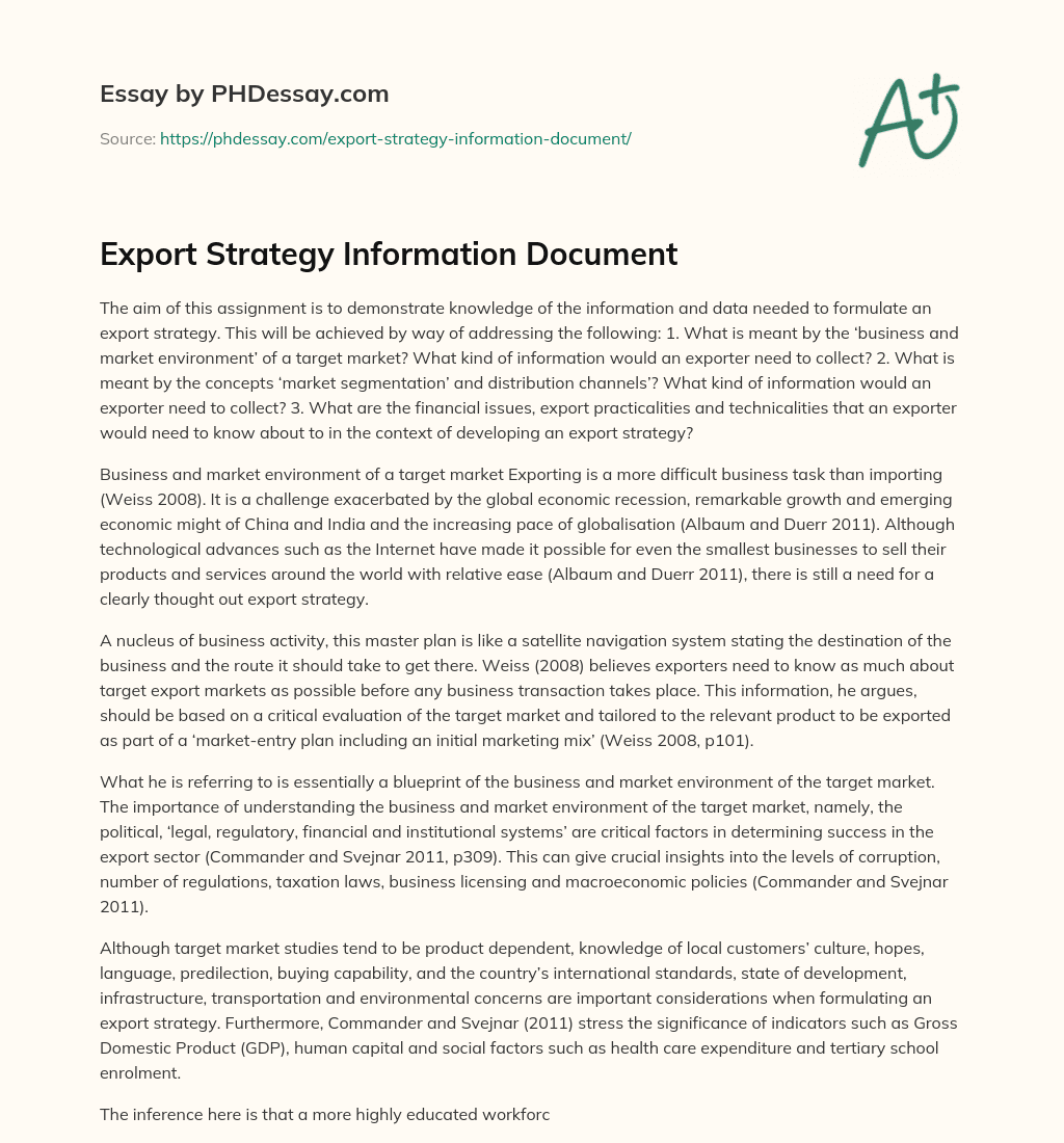 Export Strategy Information Document essay