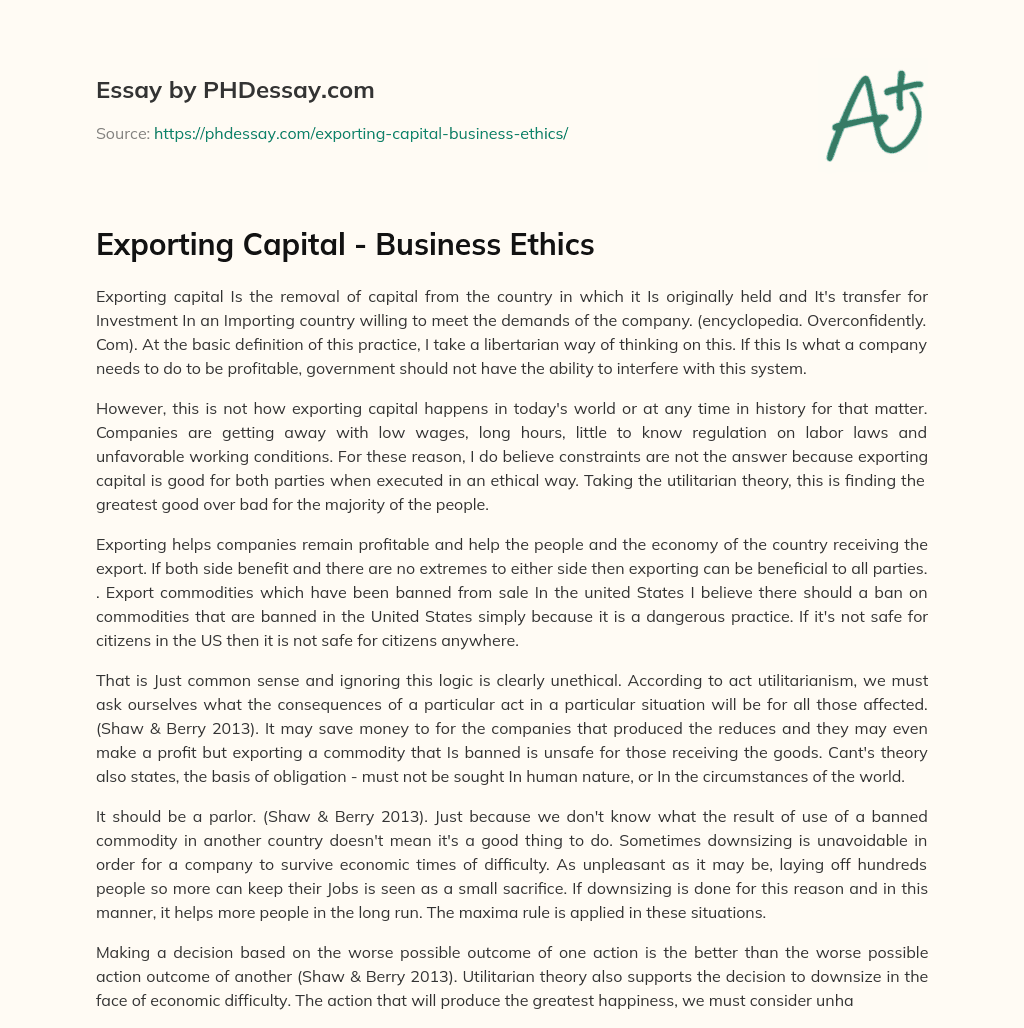 Exporting Capital – Business Ethics essay