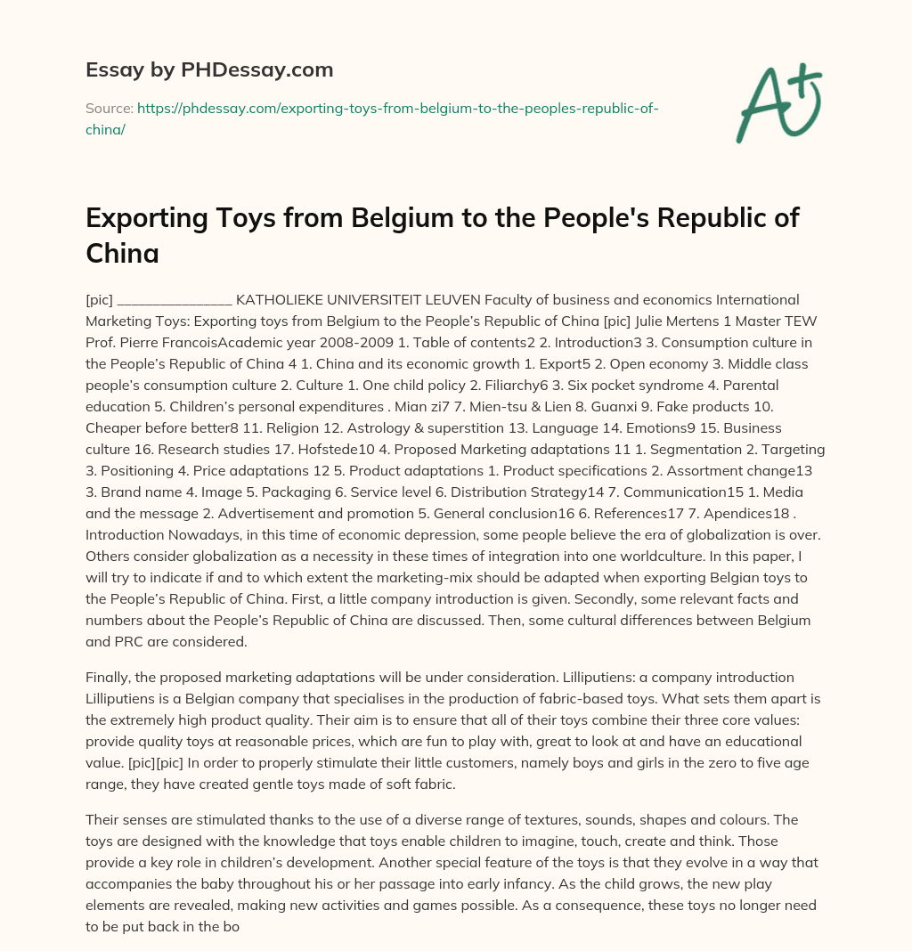 Exporting Toys from Belgium to the People’s Republic of China essay
