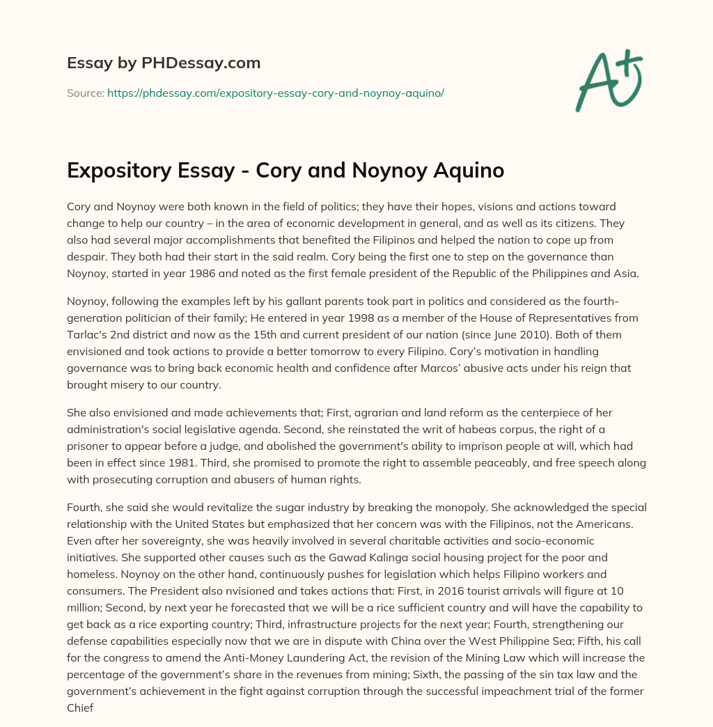 Expository Essay – Cory and Noynoy Aquino essay