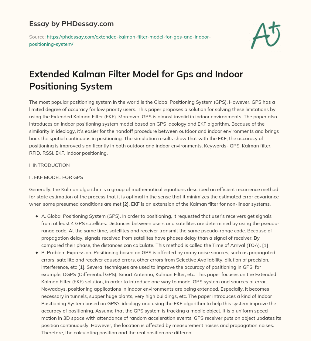 Extended Kalman Filter Model for Gps and Indoor Positioning System essay