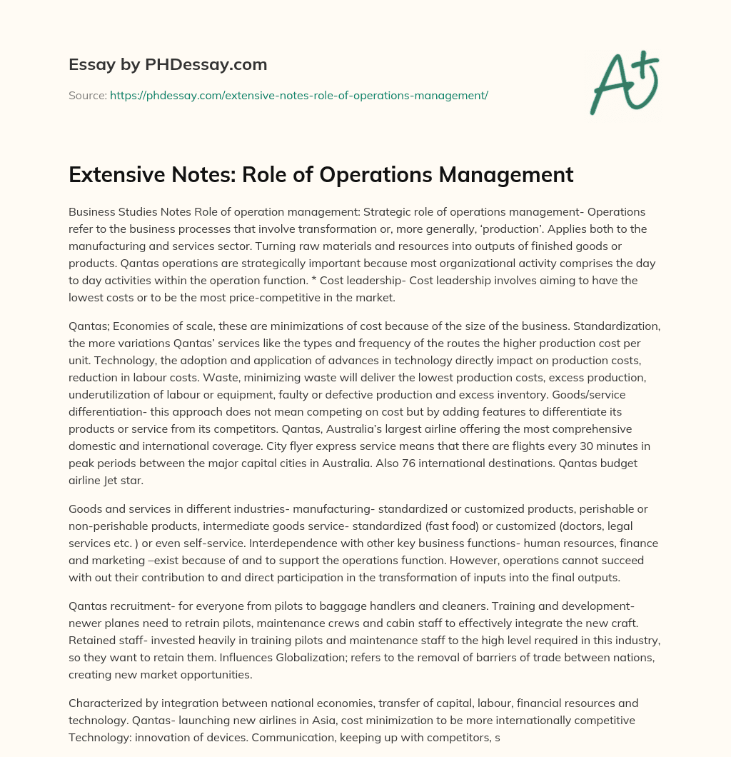 Extensive Notes: Role of Operations Management essay