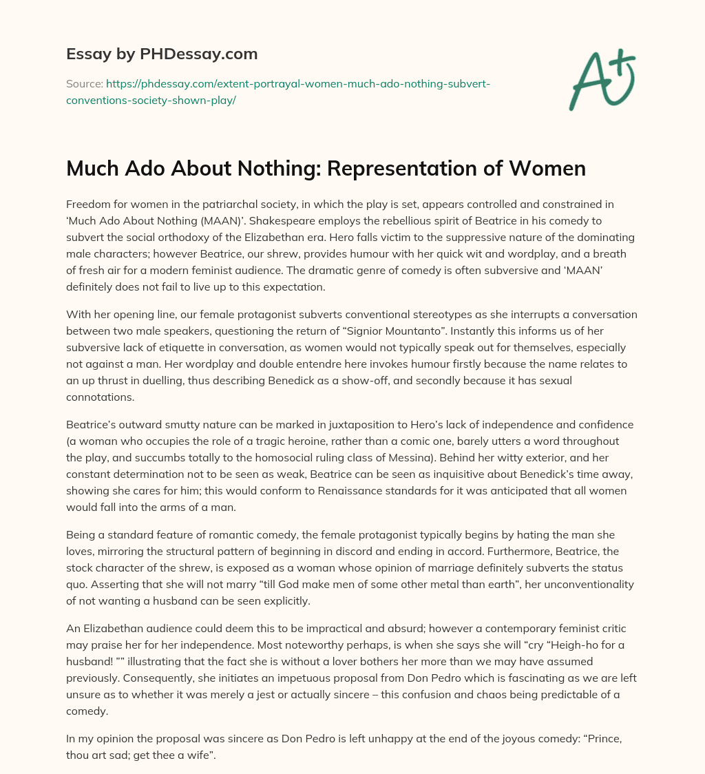 Much Ado About Nothing: Representation of Women essay