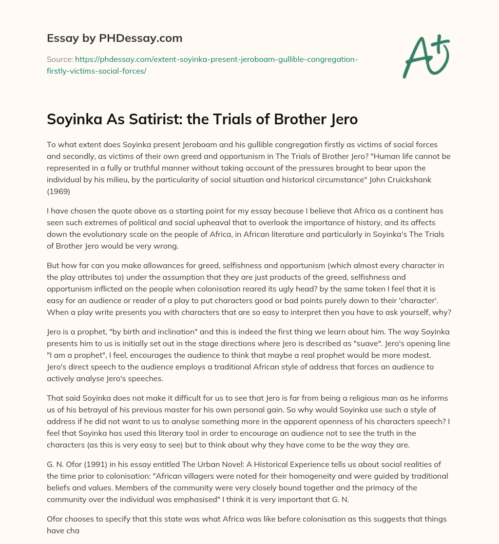 Soyinka As Satirist: the Trials of Brother Jero essay