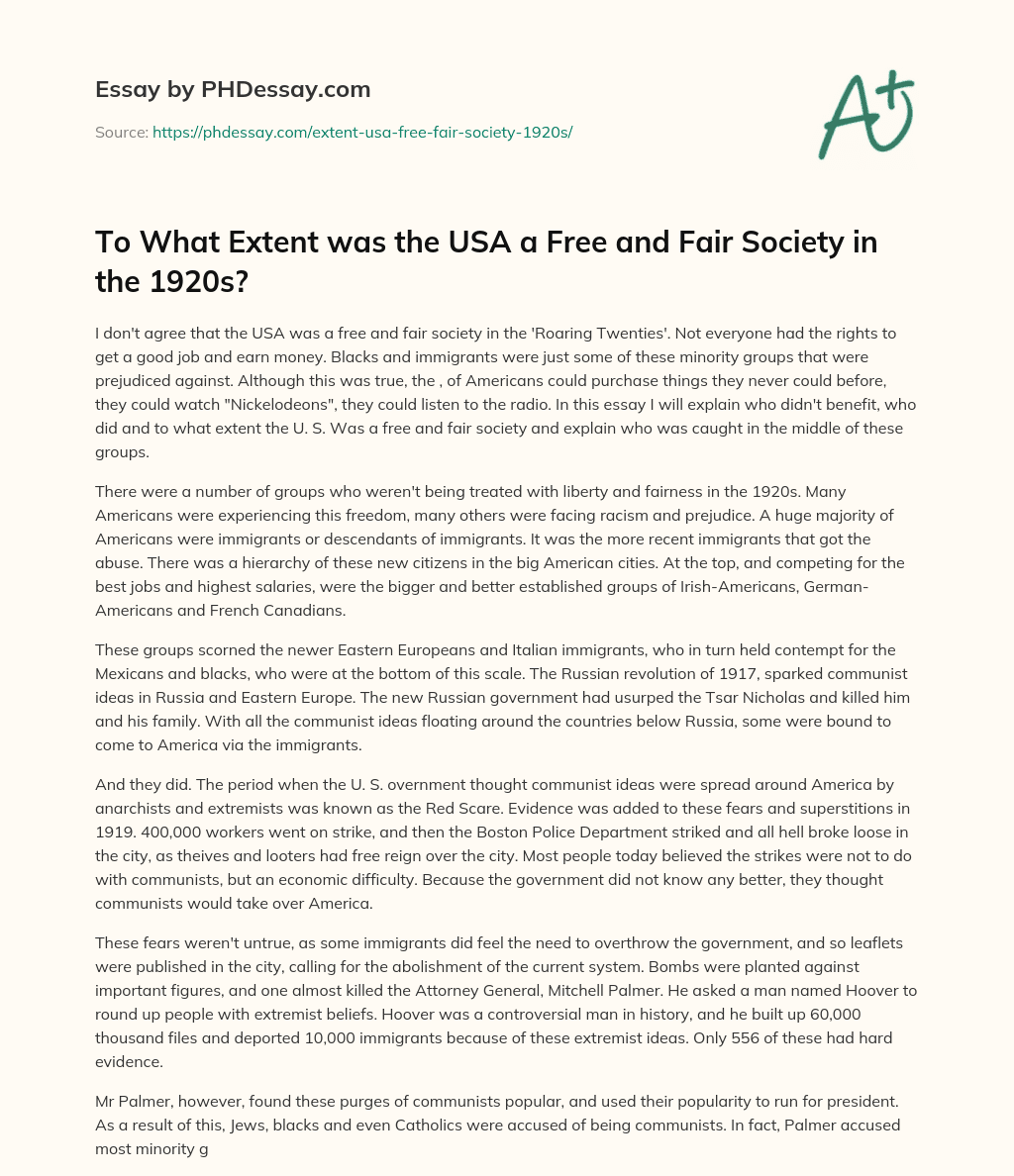 To What Extent was the USA a Free and Fair Society in the 1920s? essay