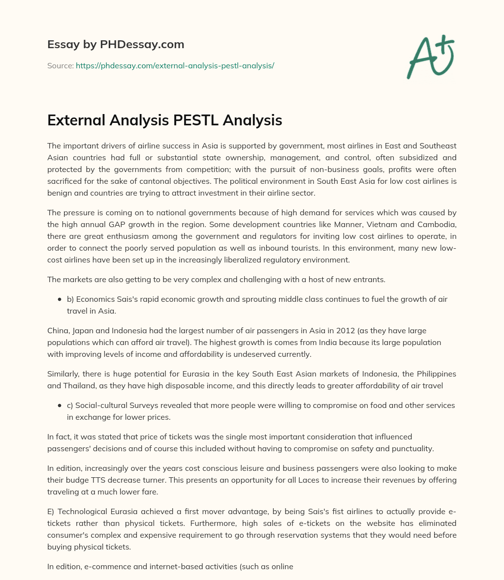 External Analysis PESTL Analysis essay