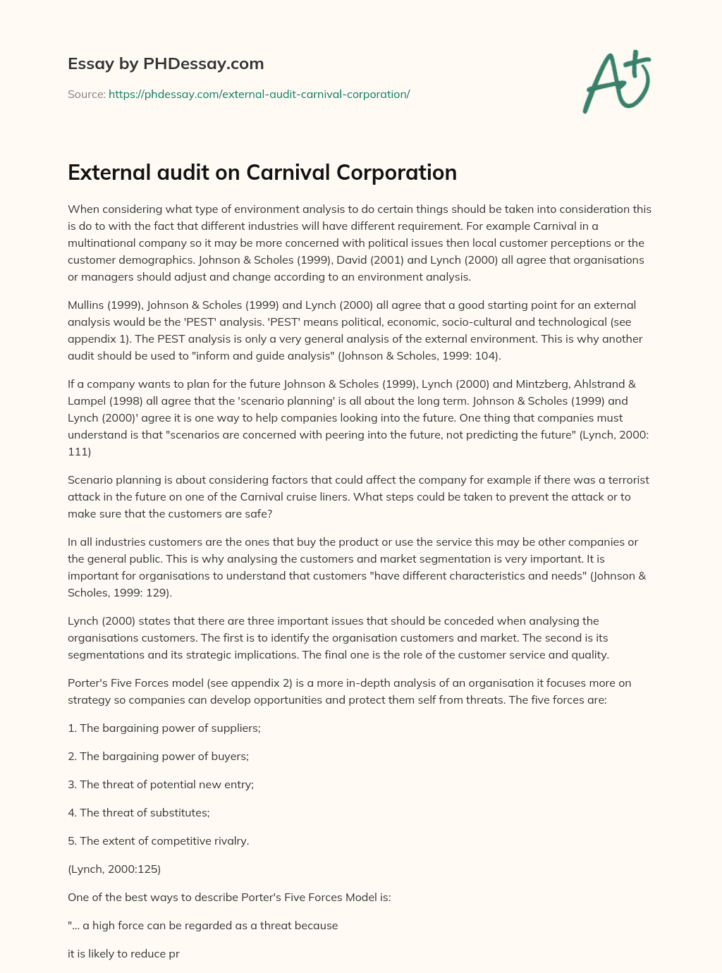 External audit on Carnival Corporation essay