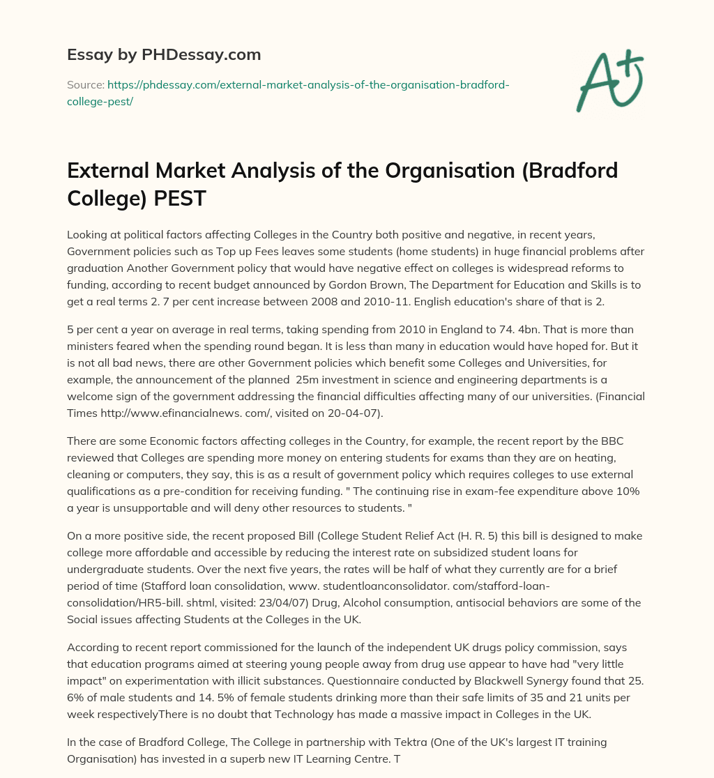 External Market Analysis of the Organisation (Bradford College) PEST essay
