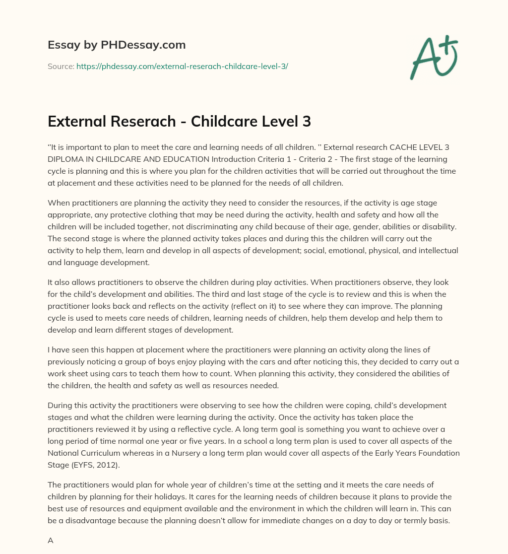 External Reserach – Childcare Level 3 essay