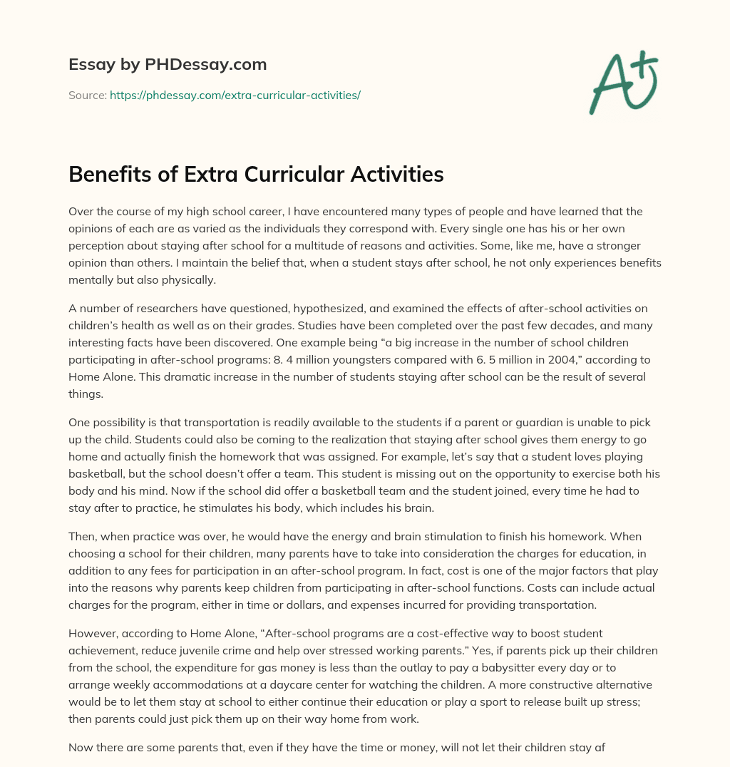 Benefits of Extra Curricular Activities essay