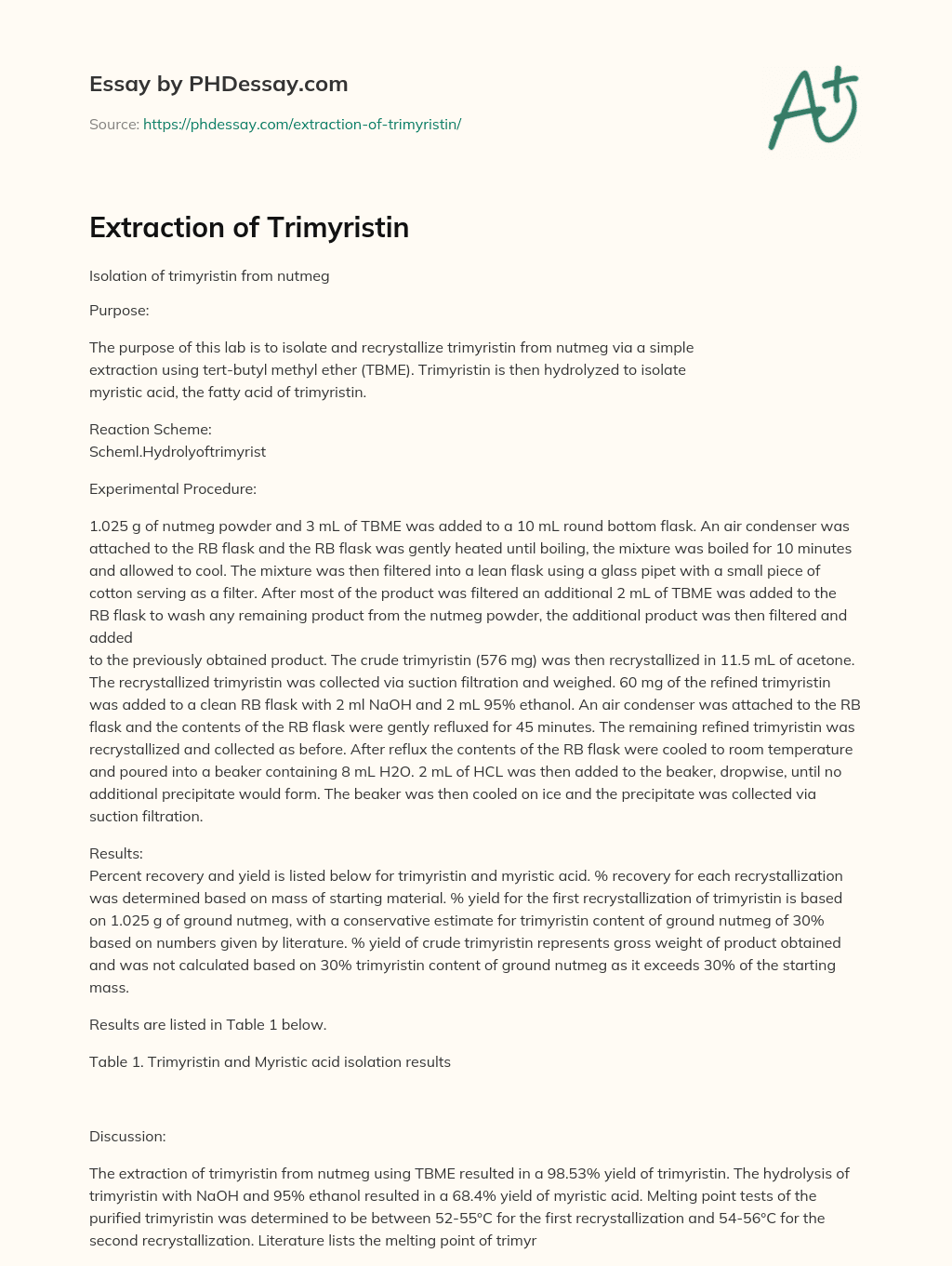 Extraction of Trimyristin essay
