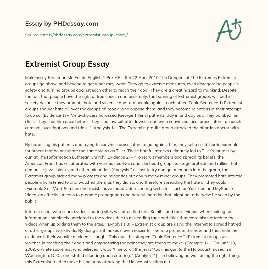 The Dangers of Extremist Groups: Promoting Hate and Violence essay