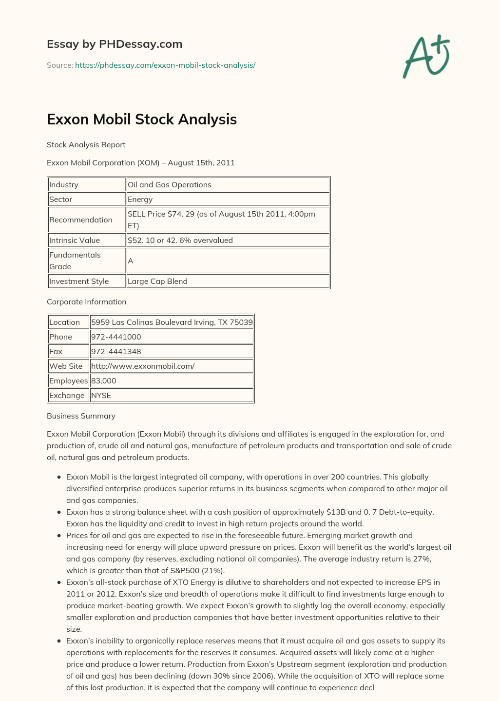 Exxon Mobil Stock Analysis essay