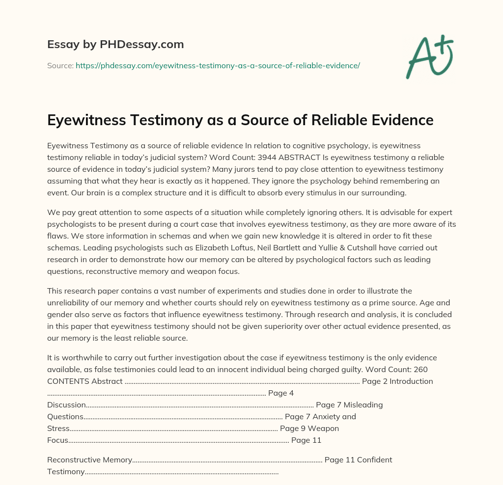 Eyewitness Testimony as a Source of Reliable Evidence essay