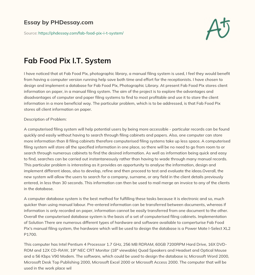 Fab Food Pix I.T. System essay