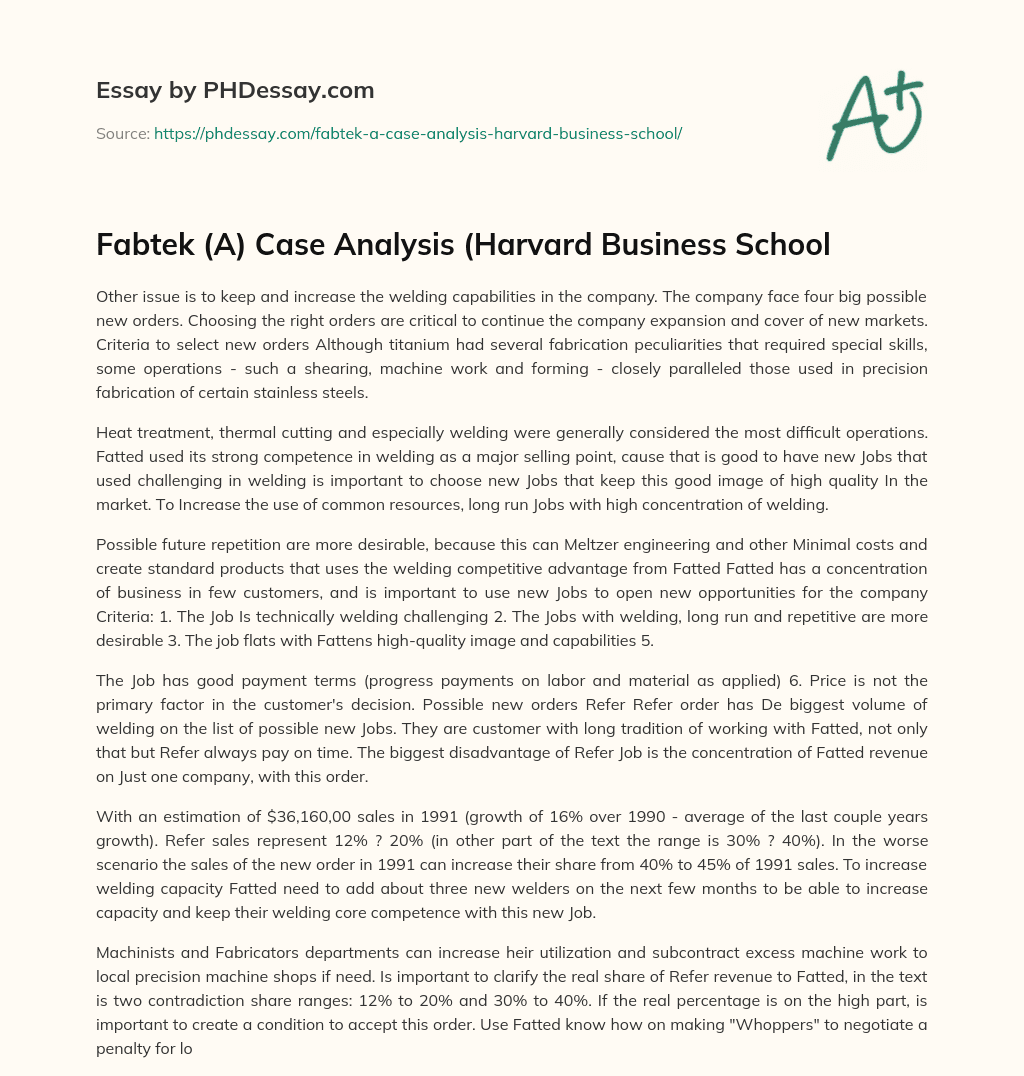 Fabtek (A) Case Analysis (Harvard Business School essay
