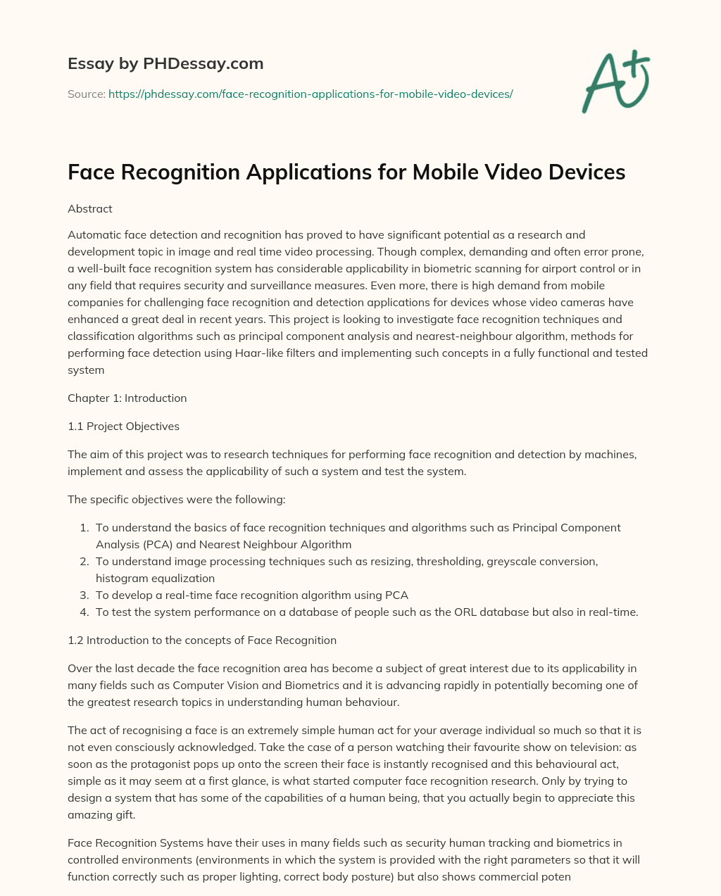 Face Recognition Applications for Mobile Video Devices
