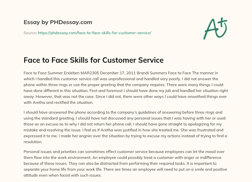 Face to Face Skills for Customer Service essay