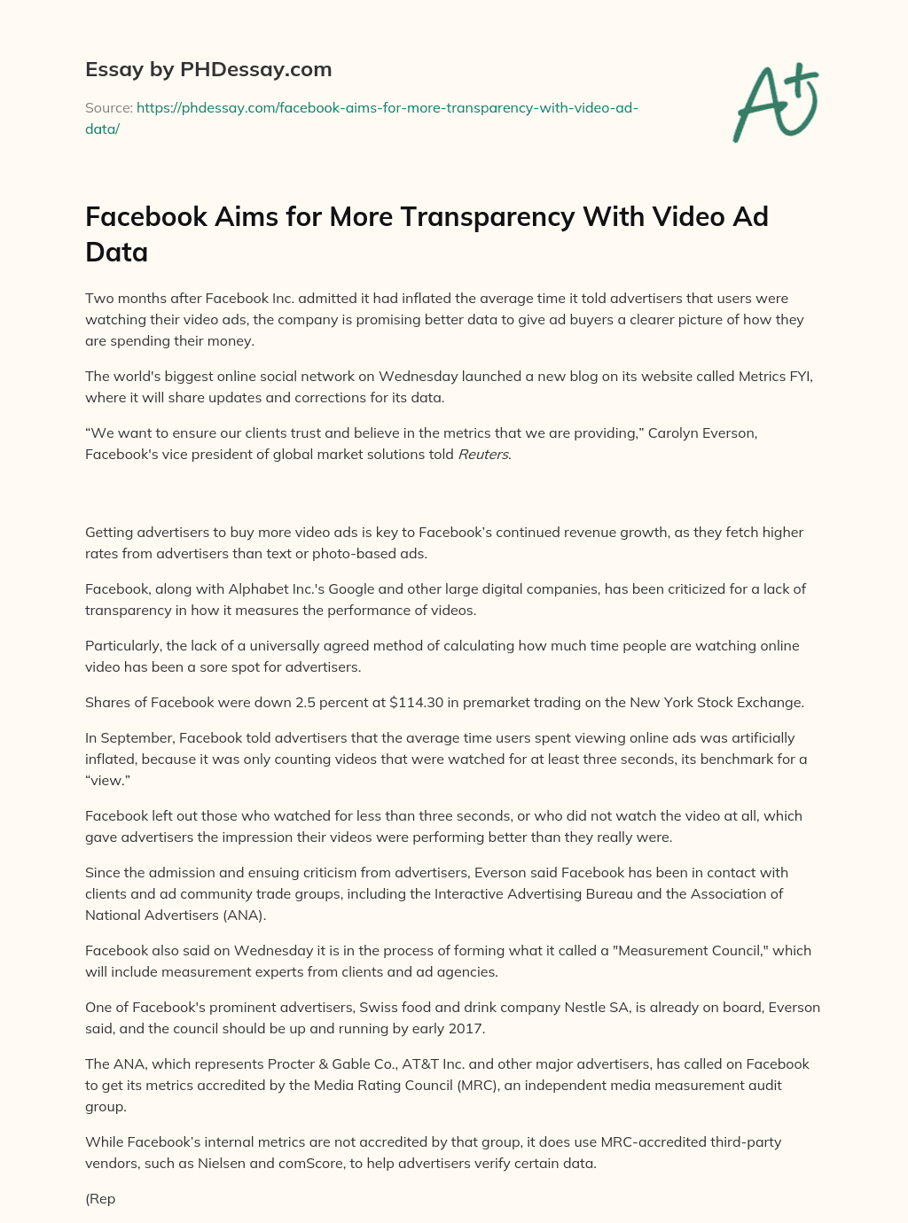 Facebook Aims for More Transparency With Video Ad Data essay