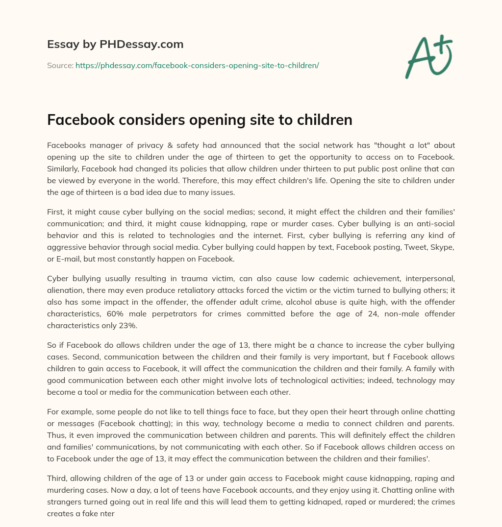 Facebook considers opening site to children essay