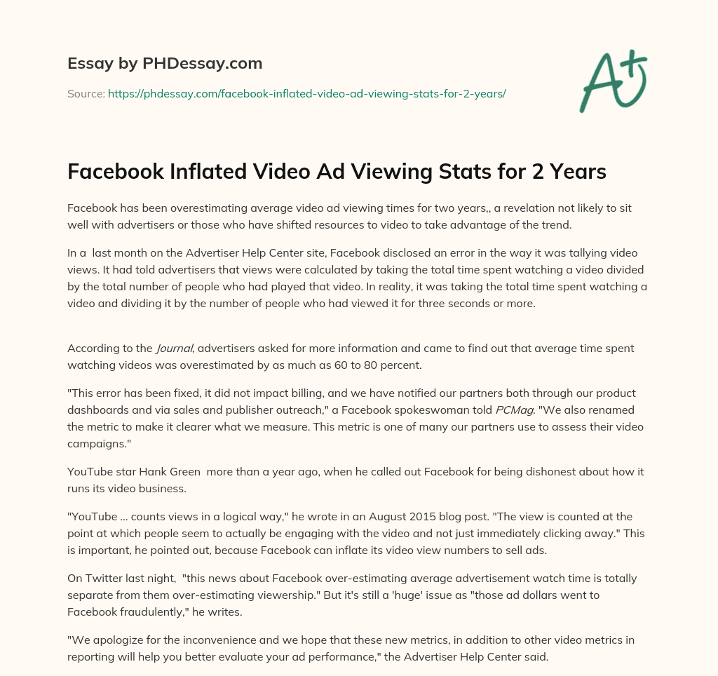 Facebook Inflated Video Ad Viewing Stats for 2 Years essay