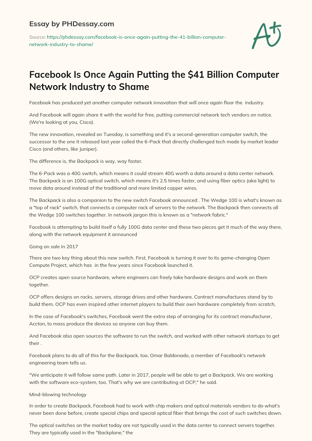 Facebook Is Once Again Putting the $41 Billion Computer Network Industry to Shame essay