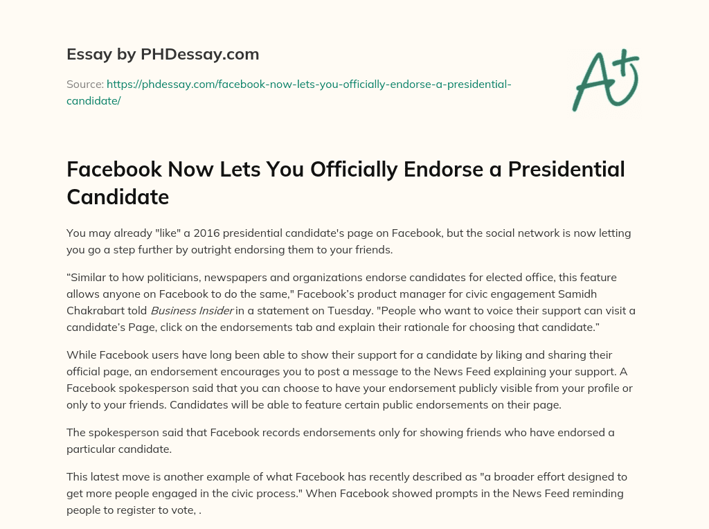 Facebook Now Lets You Officially Endorse a Presidential Candidate essay