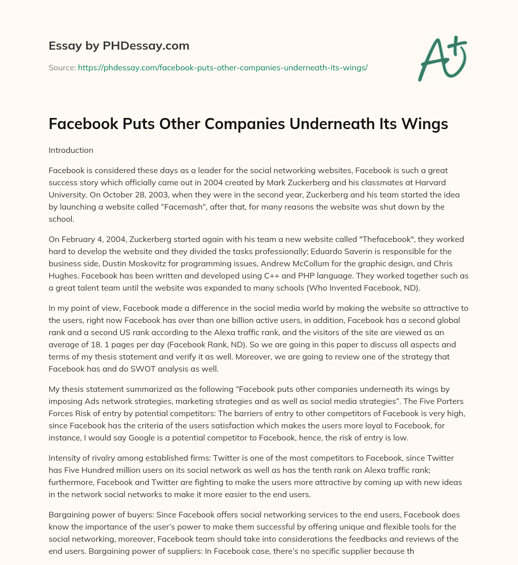 Facebook Puts Other Companies Underneath Its Wings essay