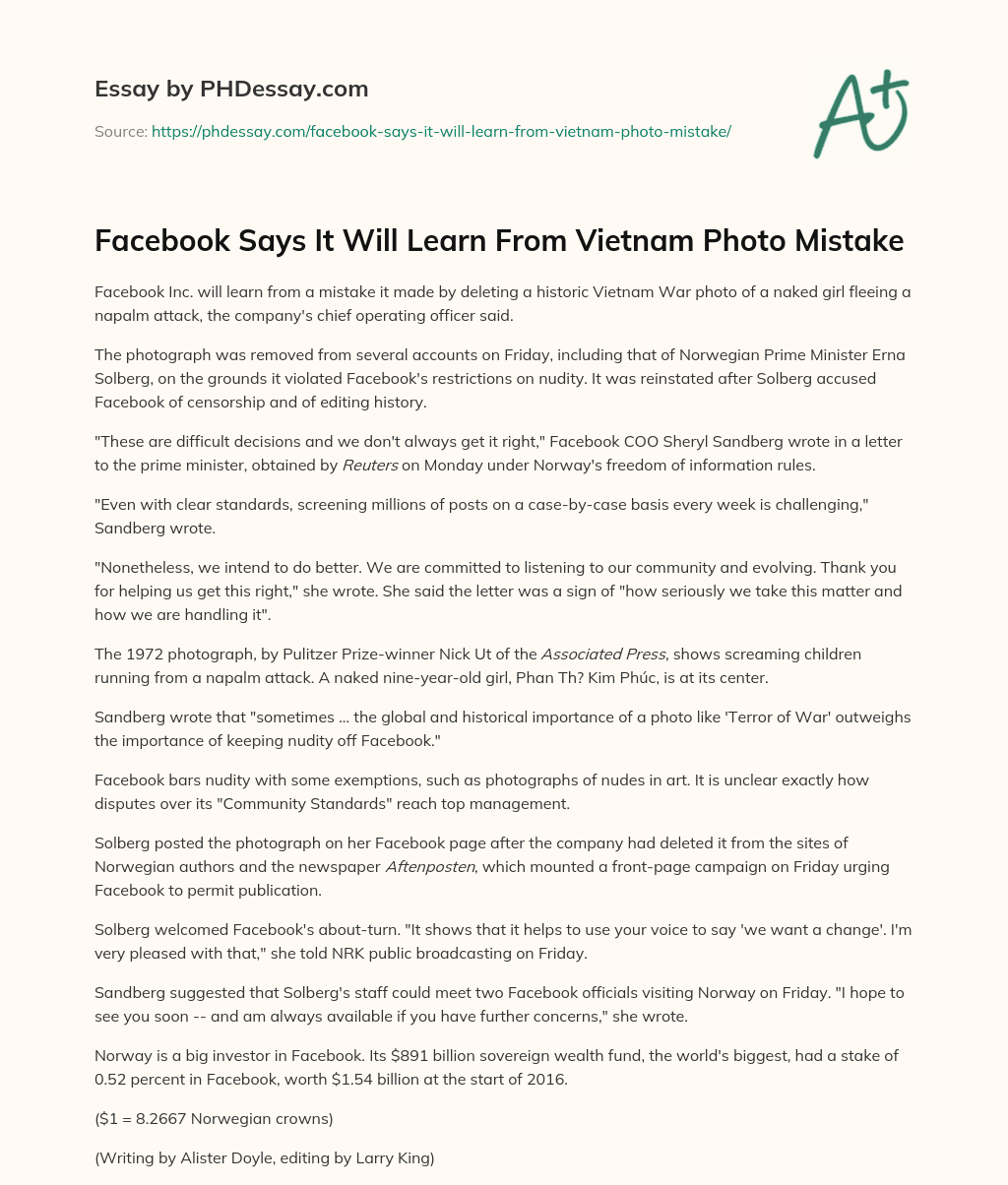Facebook Says It Will Learn From Vietnam Photo Mistake essay