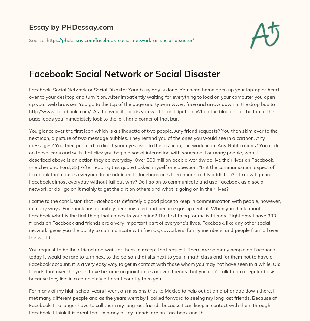 Facebook: Social Network or Social Disaster essay