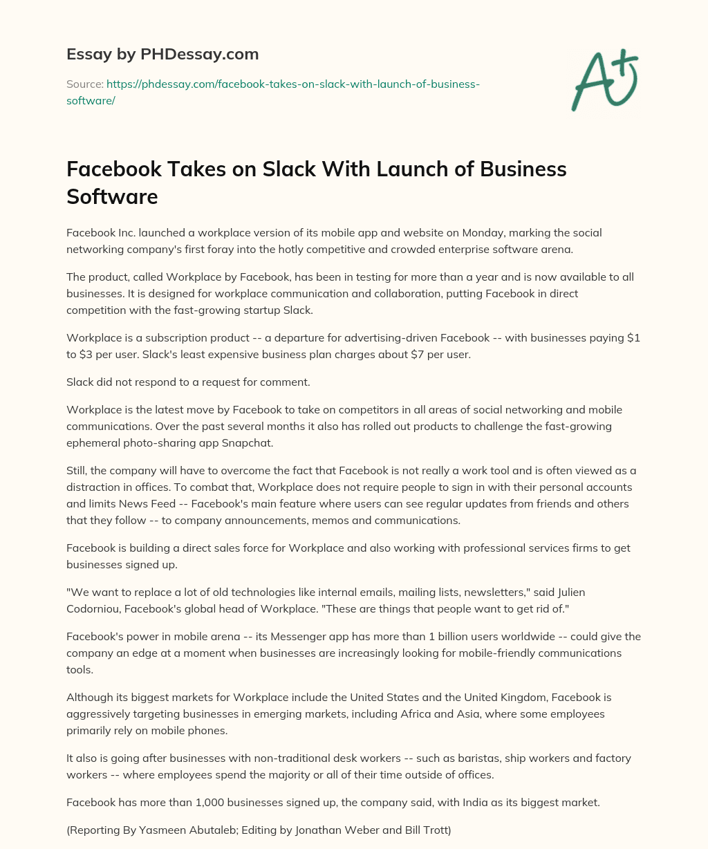 Facebook Takes on Slack With Launch of Business Software essay
