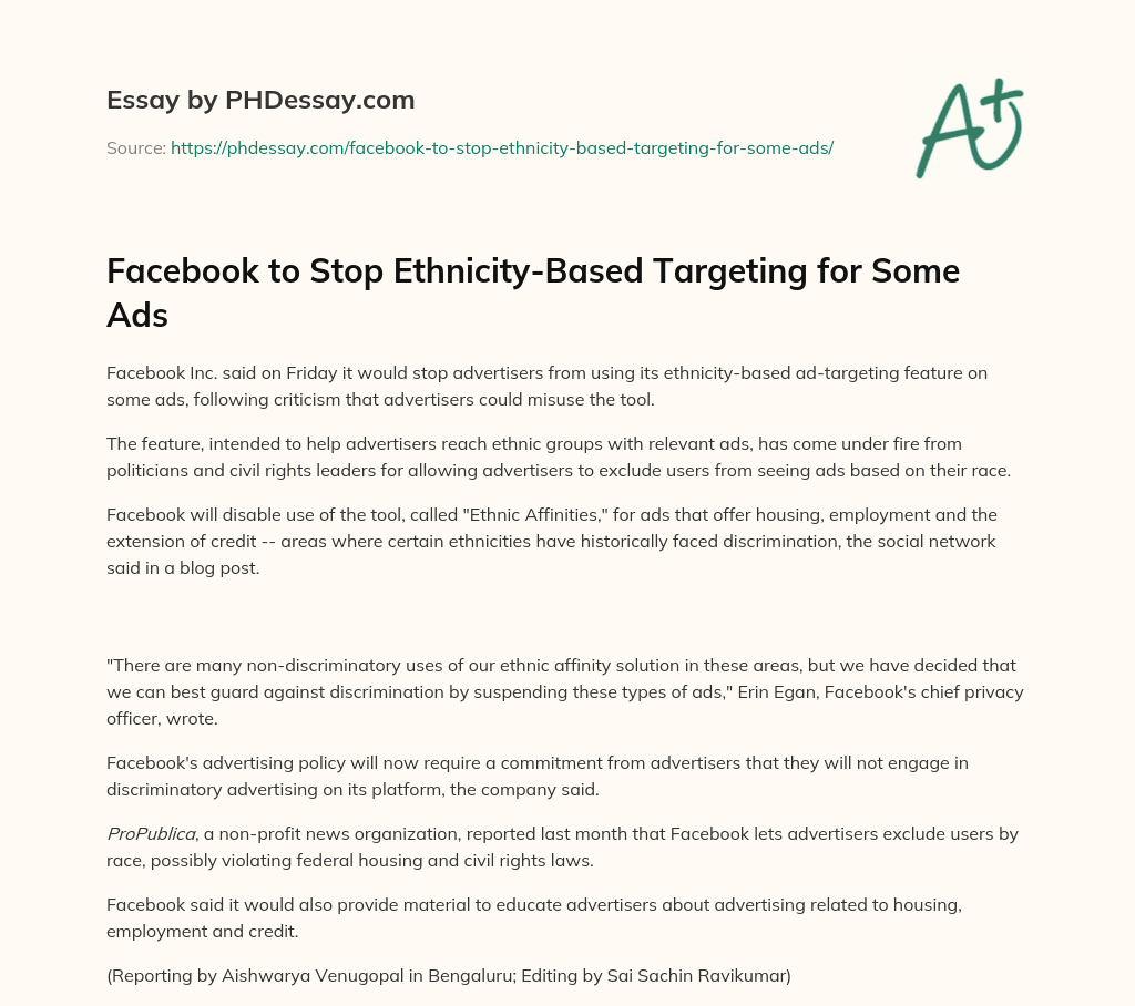 Facebook to Stop Ethnicity-Based Targeting for Some Ads essay