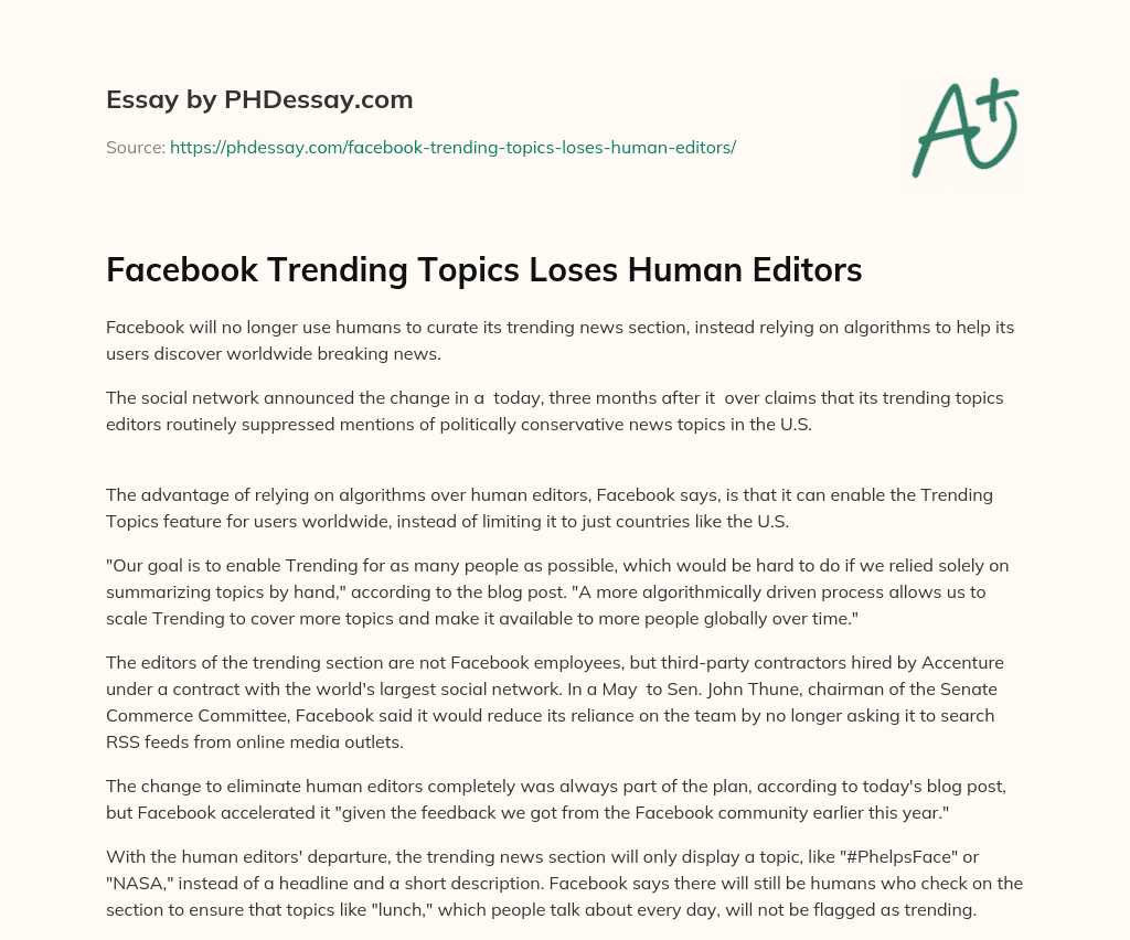 Facebook Trending Topics Loses Human Editors essay
